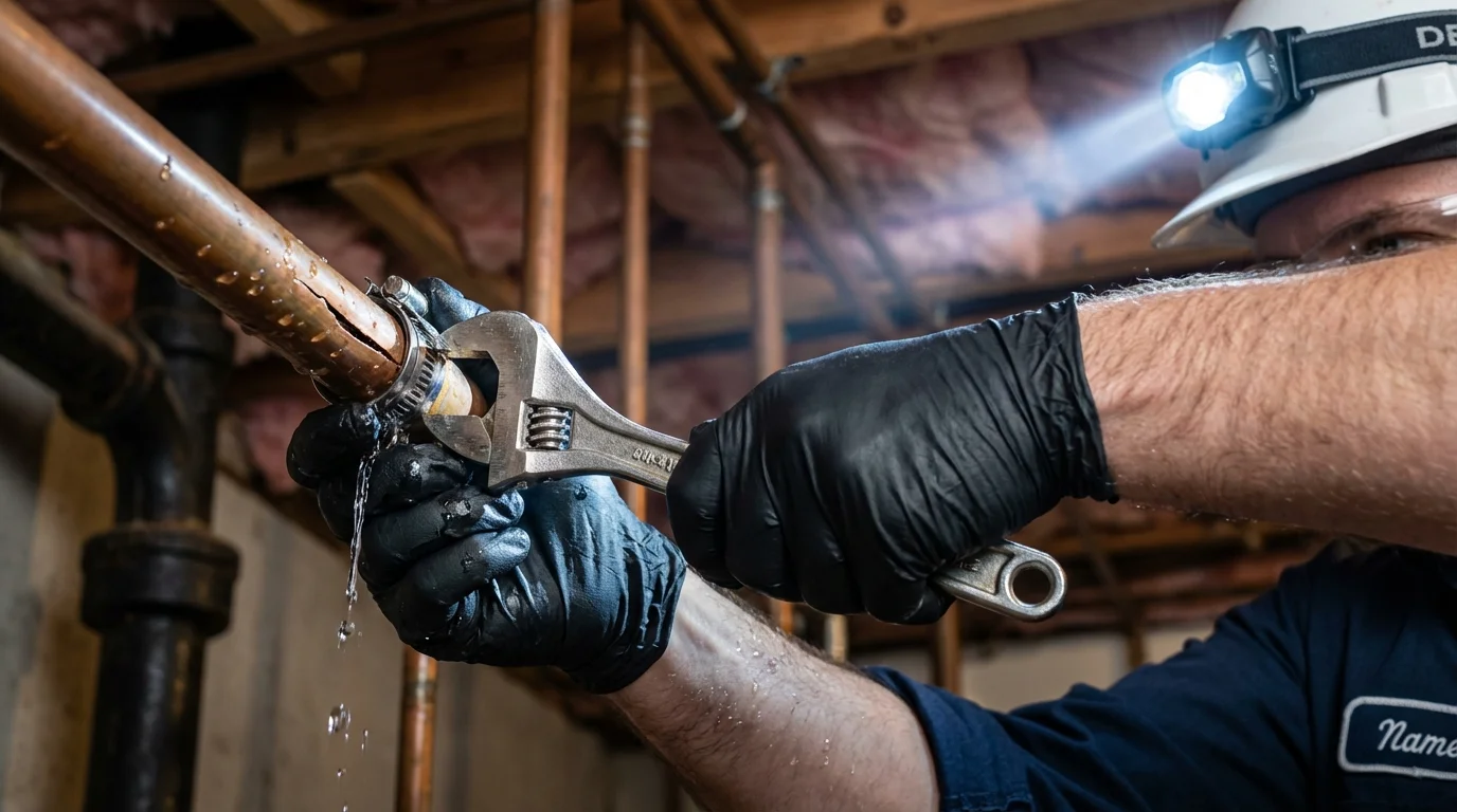 Emergency pipe clamp repair being performed by a Johns Plumbing LLC plumber in Providence