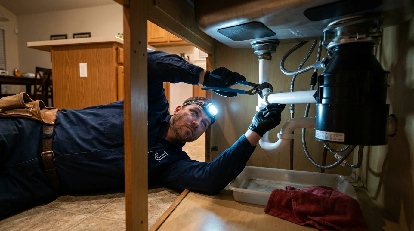 P-trap and supply line connections under a kitchen sink showing a common leak point in Providence, RI